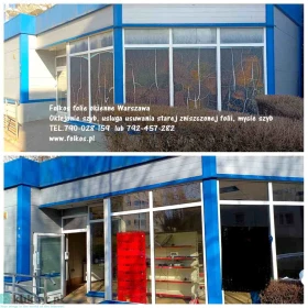 Usługa zrywania usuwania folii z witryn, usuwanie naklejek, kleju, mycie szyb, okien, witryn Warszawa i okolice - demontaż folii...