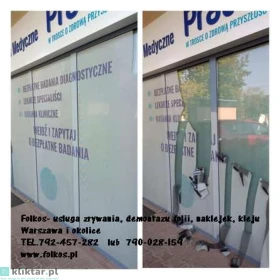 Usługa zrywania usuwania folii z witryn, usuwanie naklejek, kleju, mycie szyb, okien, witryn Warszawa i okolice - demontaż folii...
