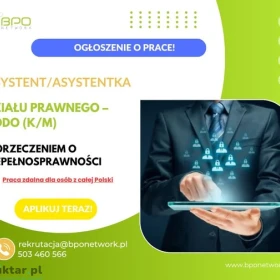 Asystent / Asystentka Działu Prawnego – RODO (K/M) z orzeczeniem o niepełnosprawności - praca zdalna dla osób z całej Polski