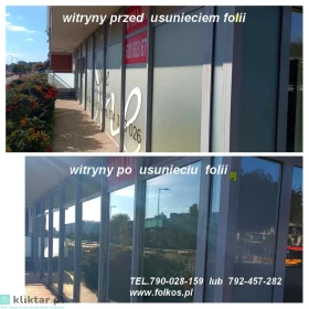 Usługa zrywania folii z witryn- usuwanie folii z szyb , okien, drzwi- demontaż starej zniszczonej folii, napisów, usuwanie kleju, mycie szyb Warszawa