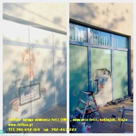 Usługa zrywania folii z witryn- usuwanie folii z szyb , okien, drzwi- demontaż starej zniszczonej folii, napisów, usuwanie kleju, mycie szyb Warszawa